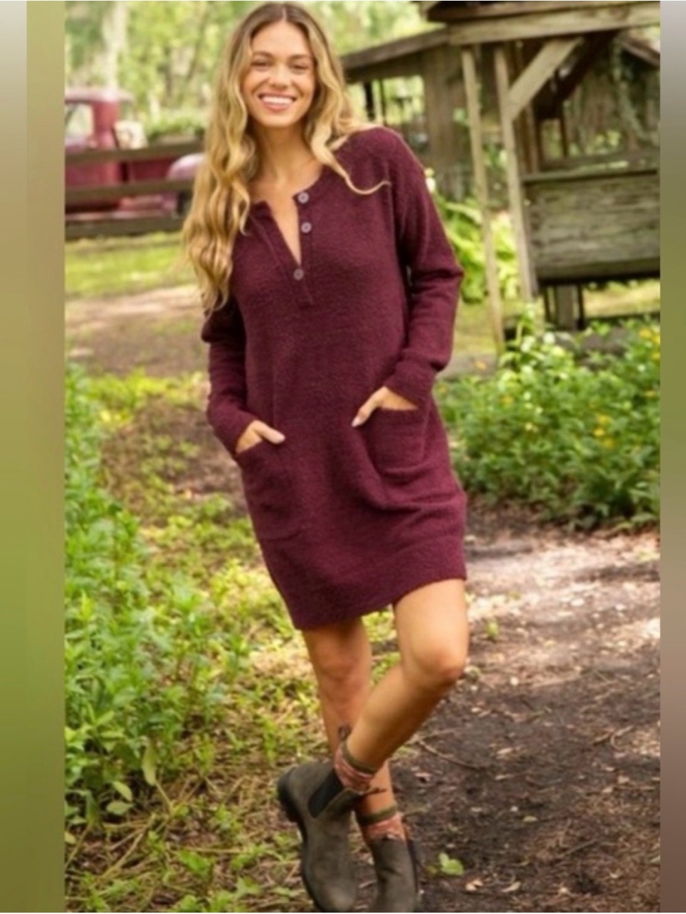 Natural Life - Cozy Up Sweater Dress in Burgundy